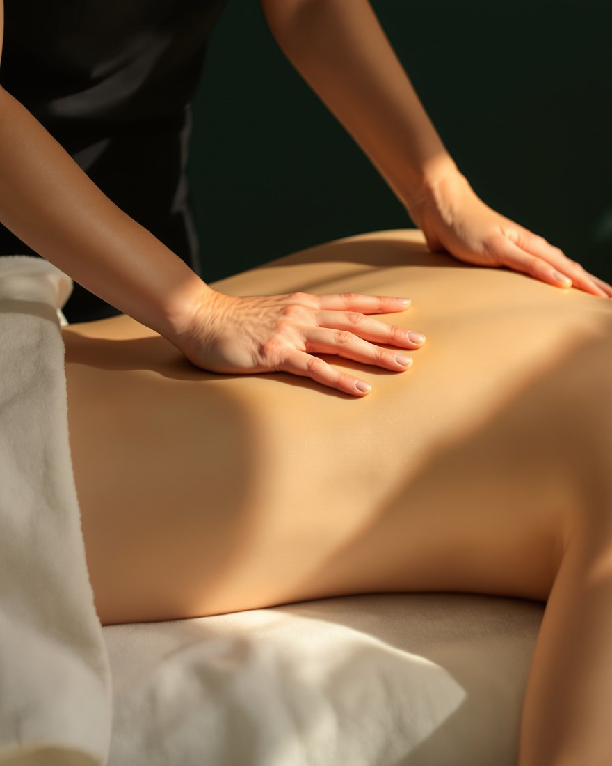Mains glissant à l'huile le long du haut du dos, massage suédois de détente