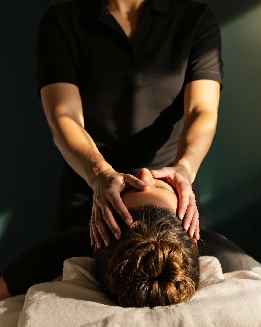 Mains encadrant la tête pour un massage du cuir chevelu et de la nuque