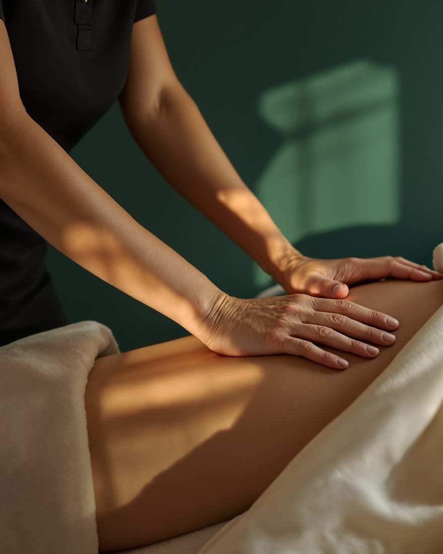Pression appuyée du talon des paumes sur les muscles le long de la colonne